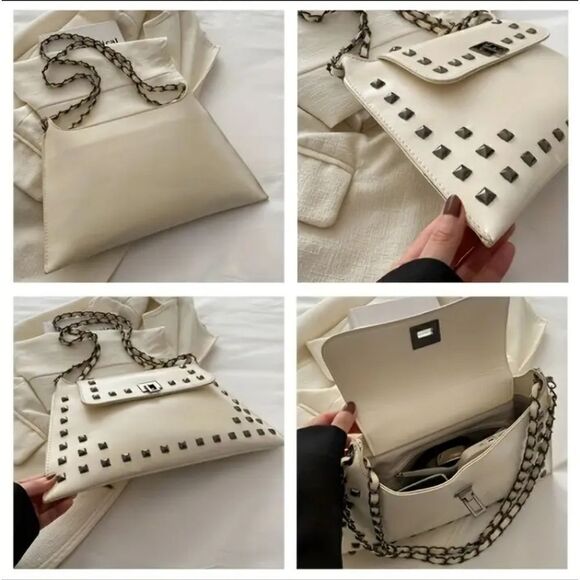 White Faux-Leather Vintage Boho Shoulder Bag Purse - Picture 2 of 3